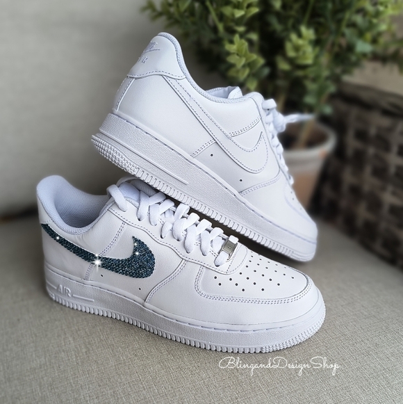 Bling Womens Nike Air Force 1 White Sneakers Shoes made with Blue Crystals - Picture 3 of 7